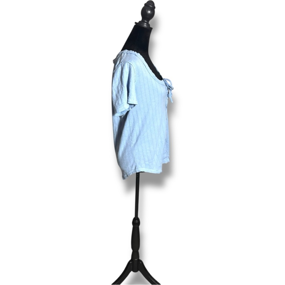 Aerie Light Blue Soft Cotton Button-Down Tie Front Short Sleeved Blouse - Picture 3 of 15